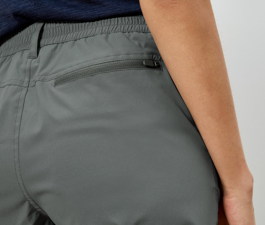 Gros plan sur l'arrière d'un pantalon gris avec une poche zippée.