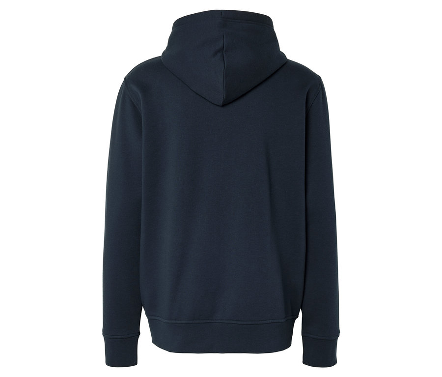 Vue arrière d'un sweat à capuche bleu marine avec capuche et manches longues.