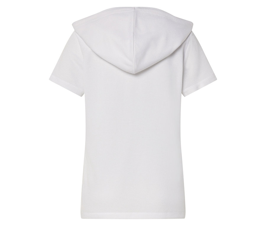 Vue arrière d'un t-shirt blanc à capuche et à manches courtes.