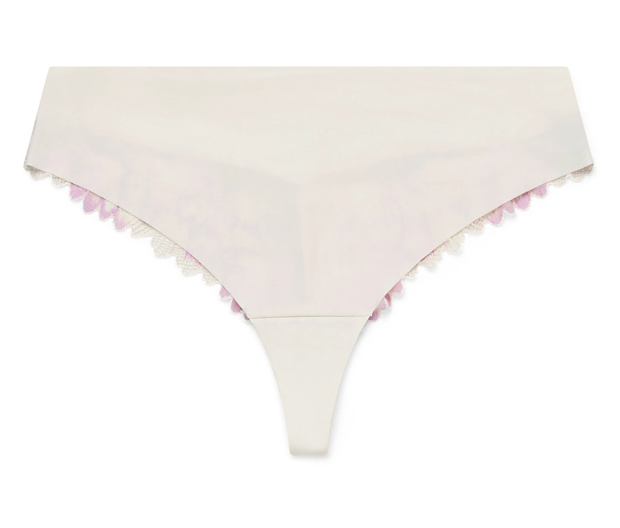 Tanga blanc avec détails violets et dentelle blanche.