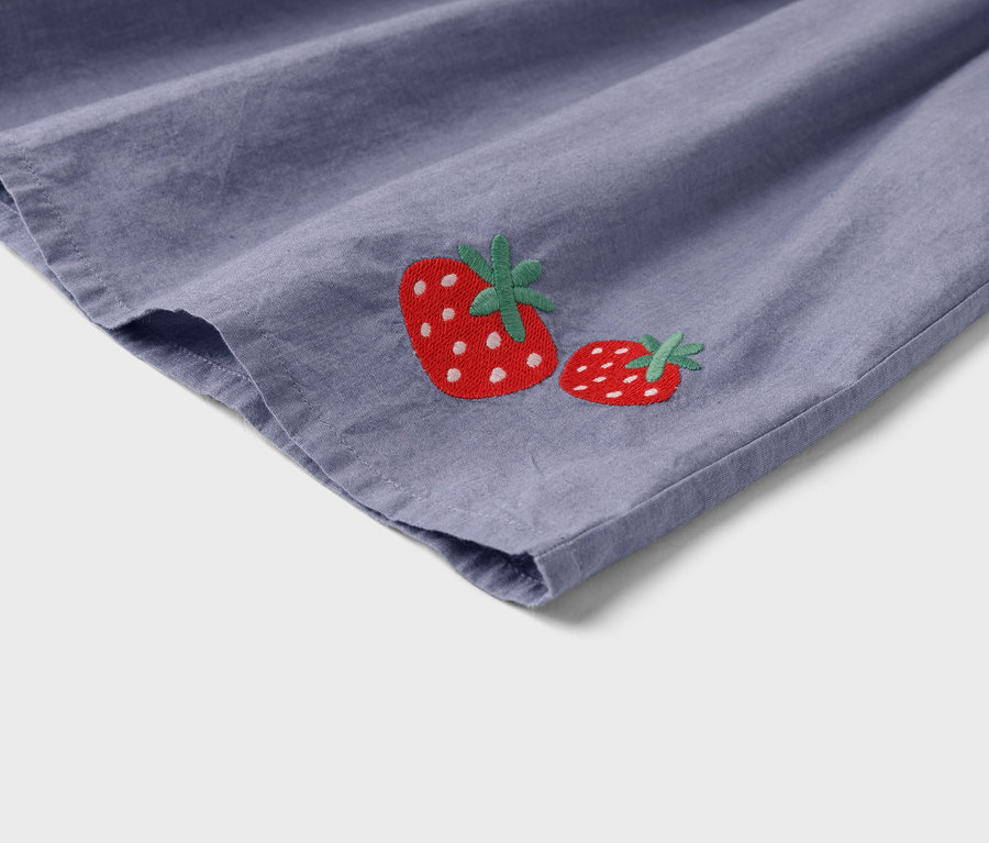 Gros plan sur un tissu lilas avec deux fraises brodées.