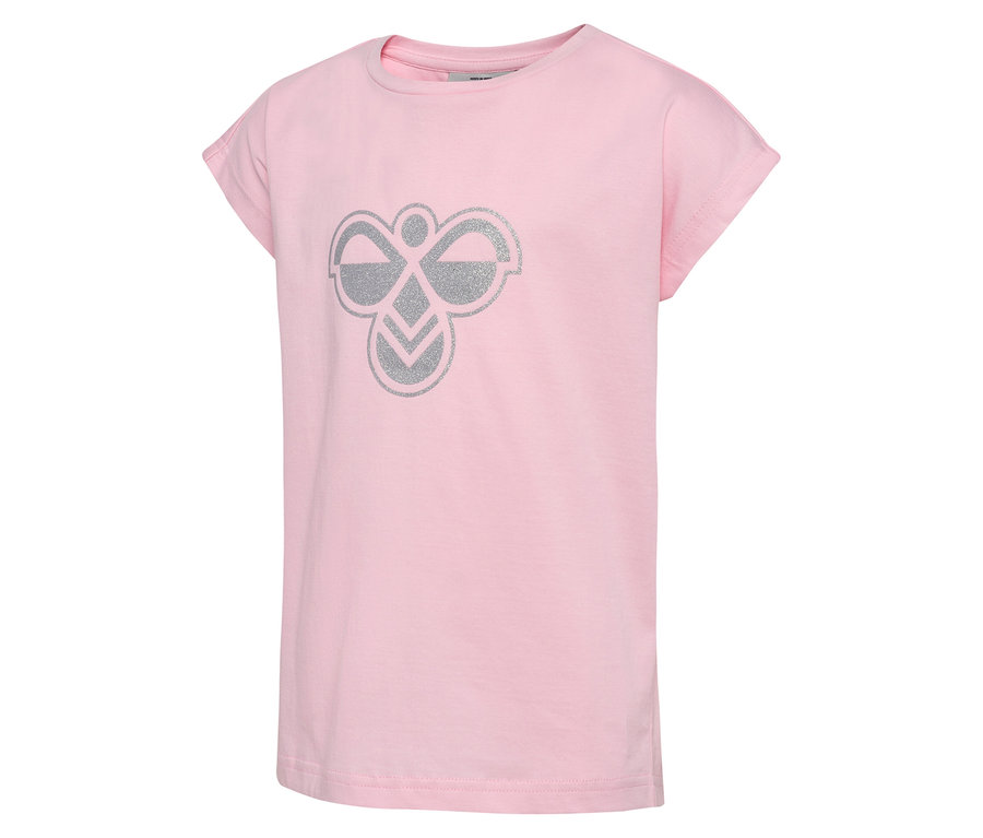 T-shirt rose hummel® HMLJR Reg Big Bee avec un logo argenté sur le devant.