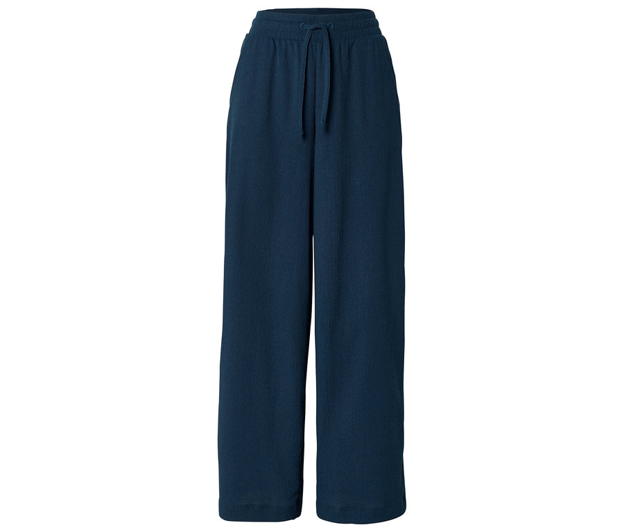 Pantalon large bleu marine avec cordon de serrage sur fond blanc.