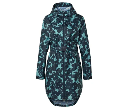 Imperméable bleu-vert longueur genou avec capuche, fermeture éclair et ceinture, recouvert d'un motif de fleurs sombres.