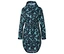 Imperméable bleu-vert longueur genou avec capuche, fermeture éclair et ceinture, recouvert d'un motif de fleurs sombres.
