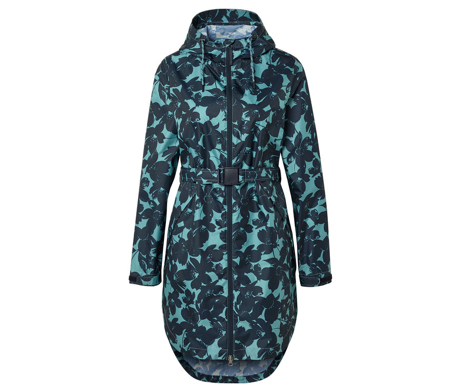 Imperméable bleu-vert longueur genou avec capuche, fermeture éclair et ceinture, recouvert d'un motif de fleurs sombres.