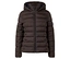 Une veste matelassée marron à capuche avec un motif de petits losanges et points est fermée par une fermeture éclair.