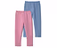 Un legging rose est posé devant un legging bleu sur fond blanc.