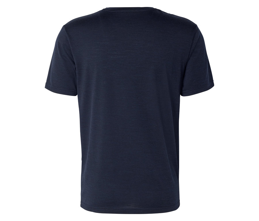 T-shirt bleu foncé à manches courtes, vu de dos sur un fond blanc.