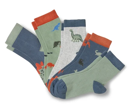 Cinq paires de chaussettes sont superposées, avec des motifs de dinosaures en vert, gris et bleu.