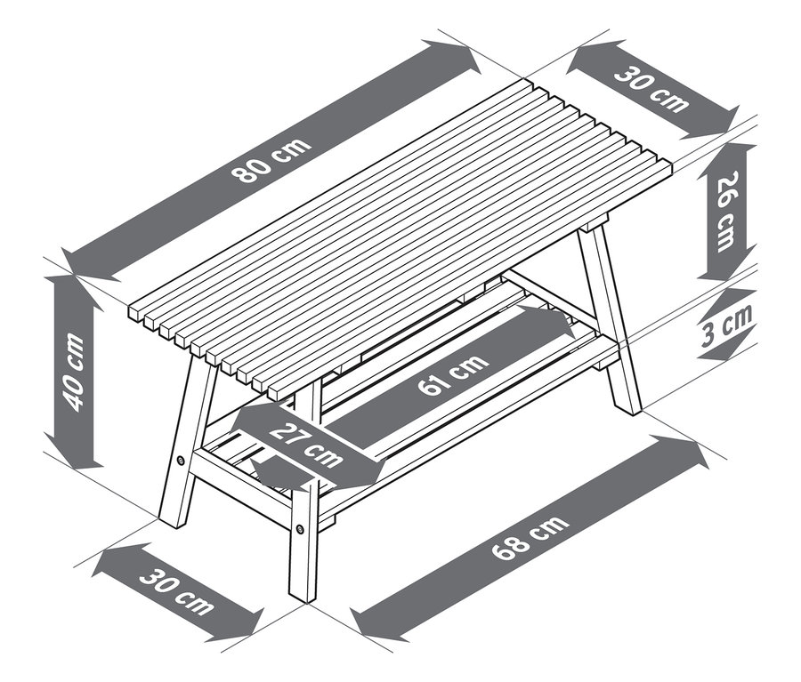 Vue de dessus d'un banc « HOLT » en bambou avec éléments à lamelles et dimensions.