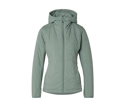 Veste matelassée vert clair avec capuche et fermeture éclair intégrale.