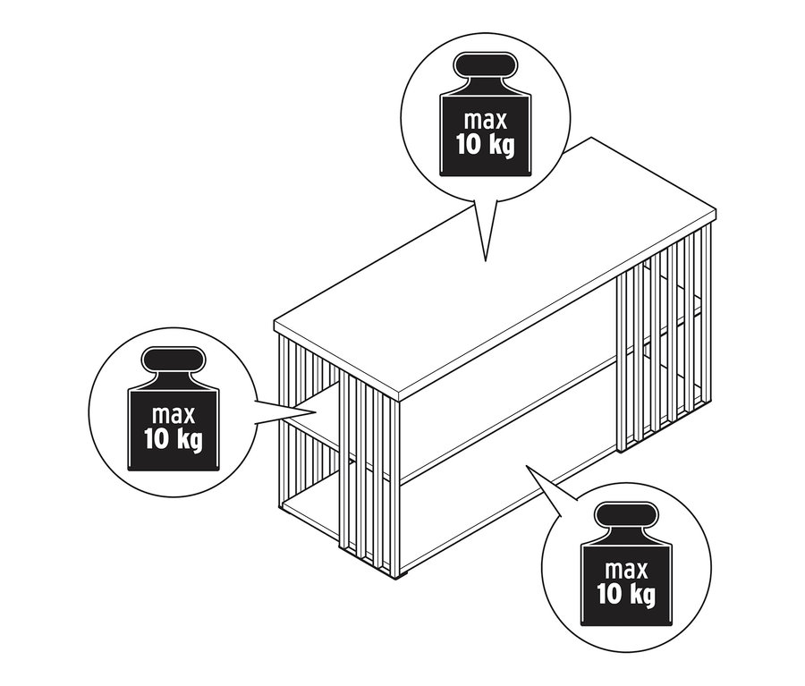 Dessin au trait d'une étagère à trois compartiments, indiquant une charge maximale de 10 kg par compartiment.