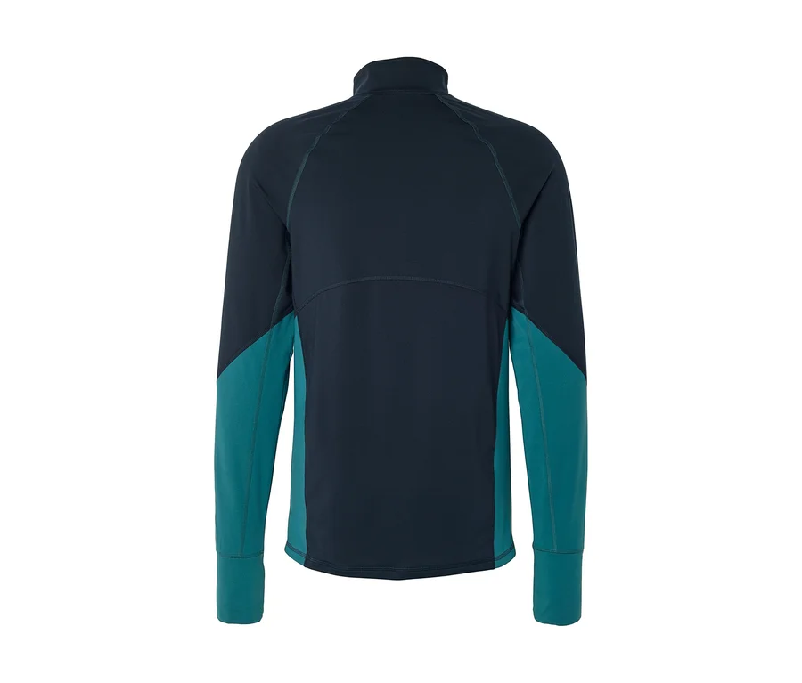 T-shirt à manches longues bleu marine avec col montant, manches et empiècements latéraux turquoise, vue de dos.