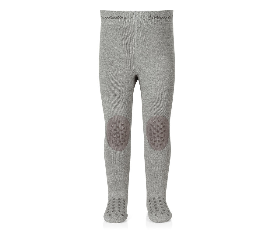Collant bébé gris à texture côtelée, avec des patins antidérapants gris foncé aux genoux et sous les pieds.
