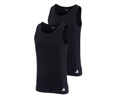 Deux débardeurs adidas Active Flex noirs, l'un légèrement devant l'autre, tous deux avec un logo adidas blanc à l'ourlet inférieur.