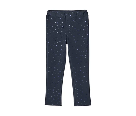 Legging bleu foncé avec un motif d'étoiles et de points brillants, une taille élastique et deux poches avant.