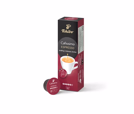 Une boîte de capsules Cafissimo Espresso se trouve à côté d'une capsule individuelle.