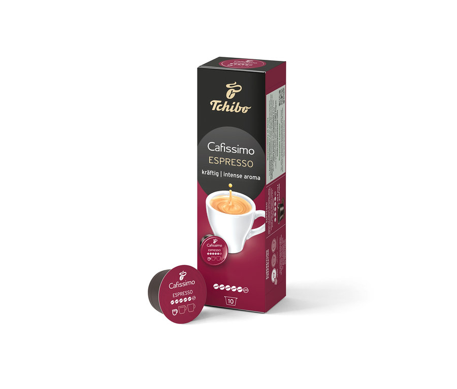 Une boîte de capsules Cafissimo Espresso se trouve à côté d'une capsule individuelle.