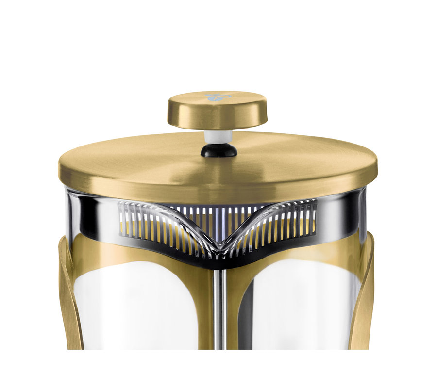 Détail d'une cafetière à piston dorée pour 6 tasses.