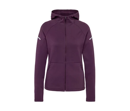Veste à capuche zippée violette avec détails réfléchissants sur la manche.