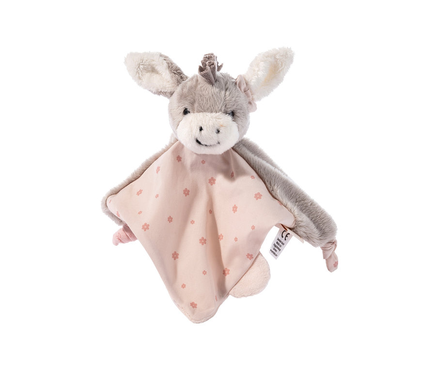 Doudou âne gris avec un visage souriant et une couverture rose clair à petits motifs de fleurs roses.