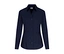 Chemise cintrée bleu marine à manches longues avec col et boutons foncés, ornée d'un logo discret sur le côté gauche.