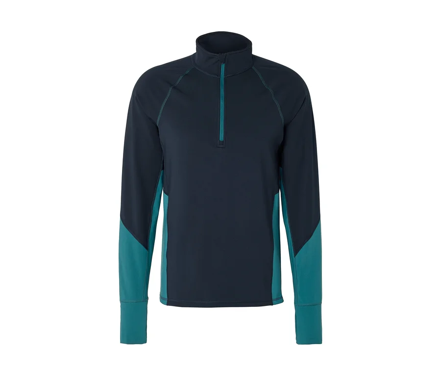 T-shirt à manches longues bleu foncé avec col montant et court zip turquoise, doté de panneaux turquoises sur les côtés et le bas des manches.
