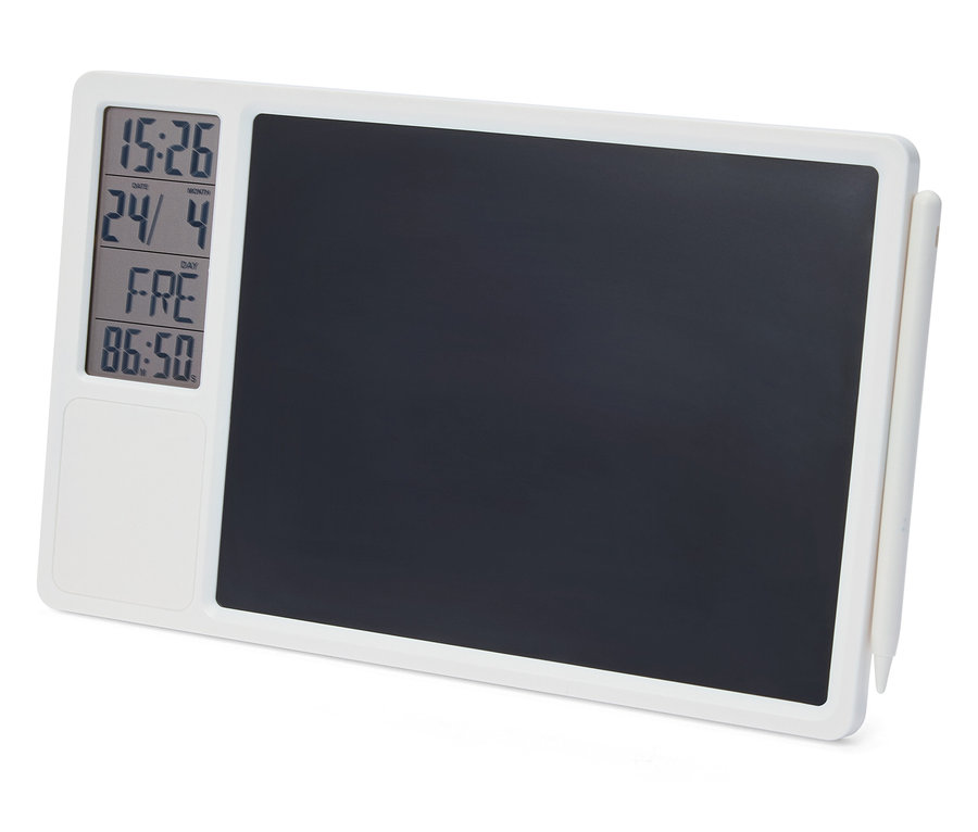 Tableau mémo numérique blanc avec écran noir, affichant 15:26, 24/4, FRE et 86:50 à gauche, avec un stylet blanc à droite.