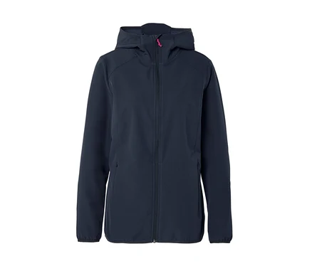 Veste softshell bleu foncé à capuche avec fermeture éclair rose.