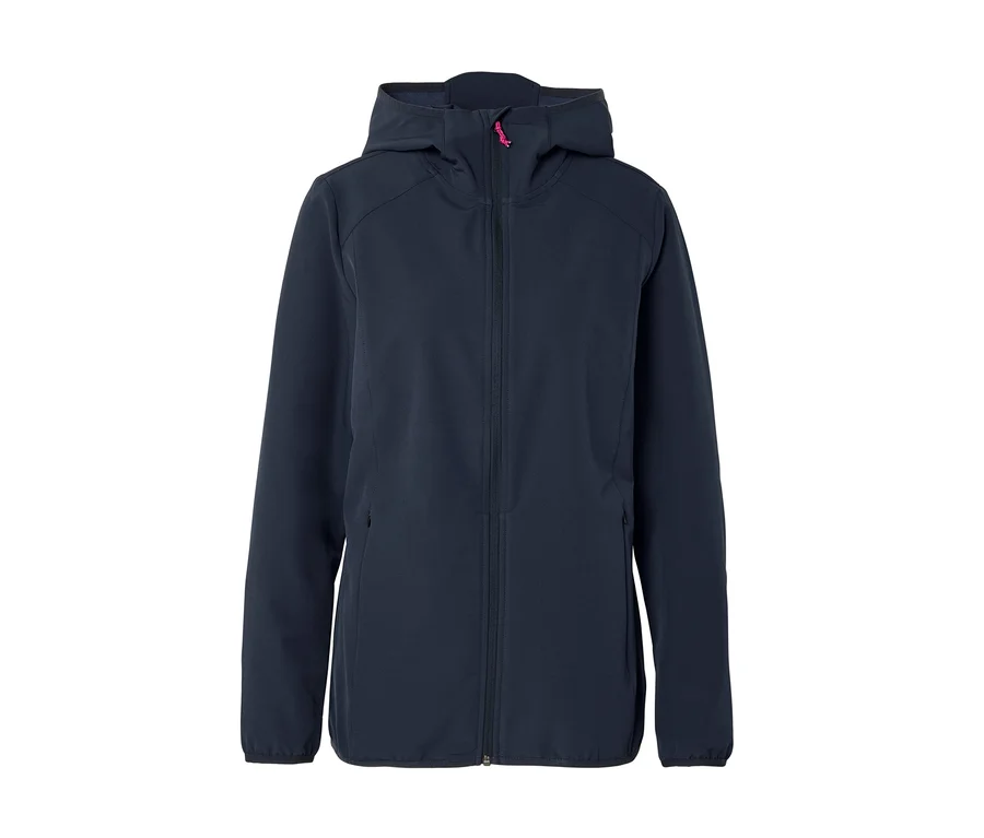 Veste softshell bleu foncé à capuche avec fermeture éclair rose.