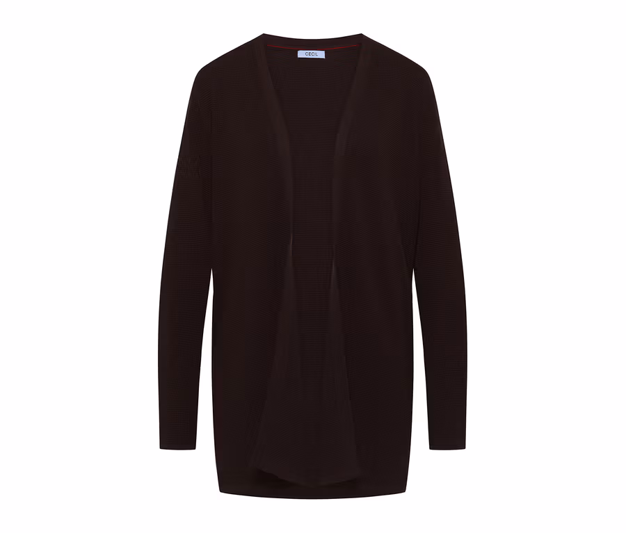 Cardigan CECIL marron foncé en maille, à manches longues et ouvert sur le devant.