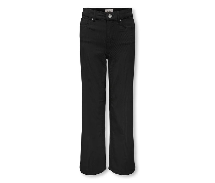 Pantalon en velours côtelé noir à jambes évasées, avec fermeture boutonnée et poches.