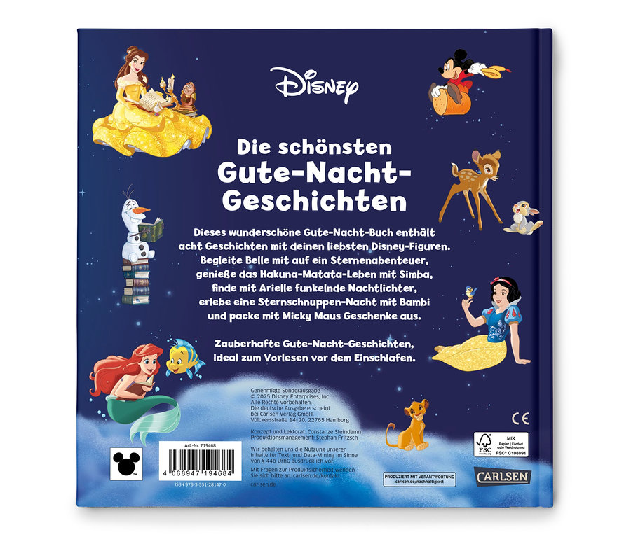 Couverture du livre Disney « Les plus belles histoires du soir » avec Belle, Olaf, Ariel, Simba, Bambi, Blanche-Neige et Mickey Mouse.
