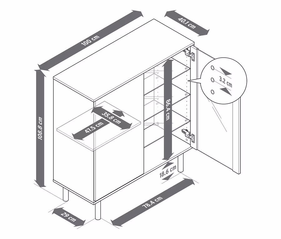 Dessin au trait d'une vitrine aspect travertin, mesurant 100 cm de large, 108,8 cm de haut et 40,1 cm de profondeur. L'armoire a deux sections; la gauche est fermée et la droite a une porte ouverte révélant des étagères. Les pieds mesurent 18,6 cm de haut, et l'étagère gauche mesure 47,5 cm de large et 35,8 cm de profondeur. Le compartiment droit a une hauteur interne de 86,4 cm, et l'épaisseur de la porte est de 3,2 cm.