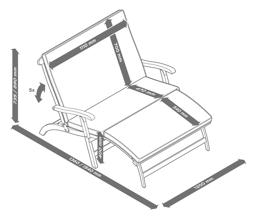 Schéma d'un transat double avec repose-pieds amovible et dimensions.