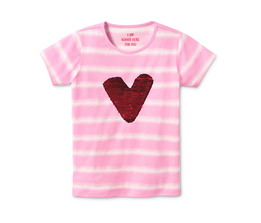 T-shirt rayé rose en coton bio avec un cœur rouge à paillettes.