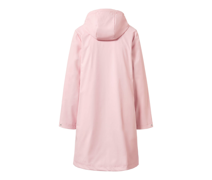 Vue arrière d'une parka de pluie rose.