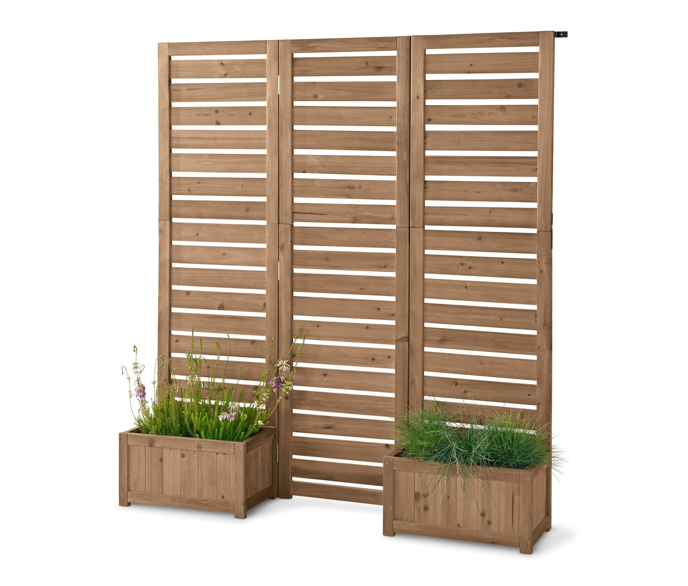 Paravent en bois « Tinus » avec des caisses à plantes et des plantes.