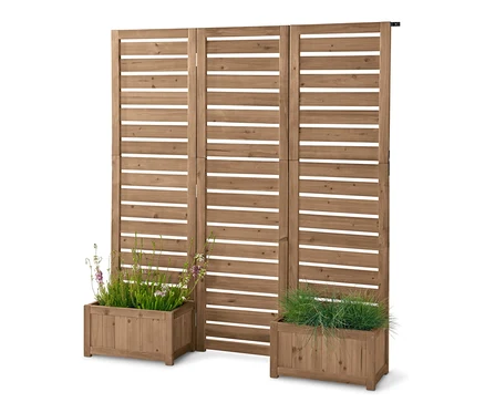 Paravent en bois « Tinus » avec des caisses à plantes et des plantes.