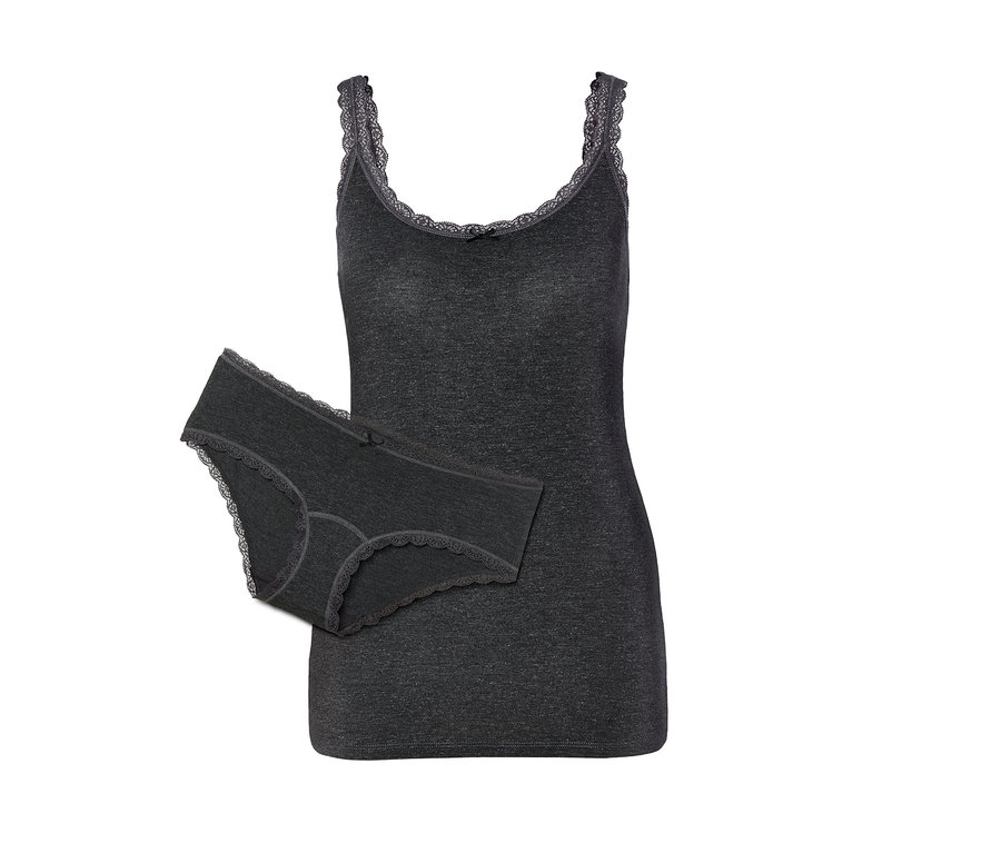 Ensemble caraco et slip gris anthracite avec bordure en dentelle.