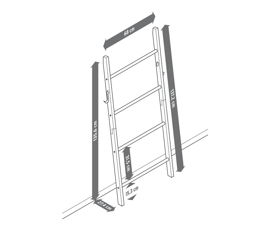 Schéma d'une échelle pour linges de toilette très large avec les dimensions indiquées.