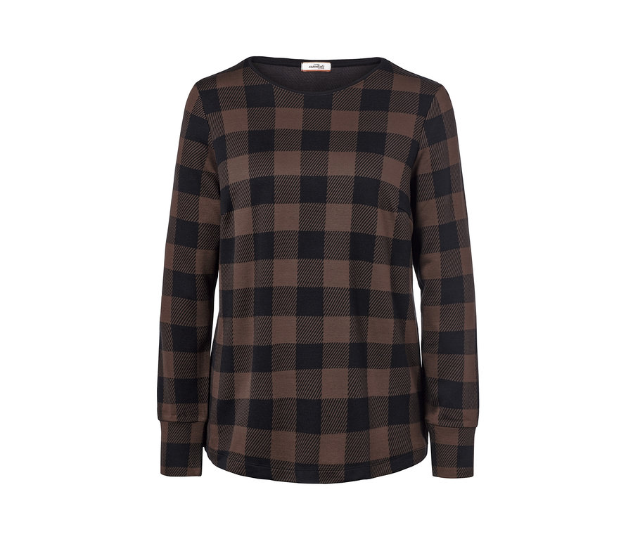 Un sweat-shirt à carreaux marron et noir.