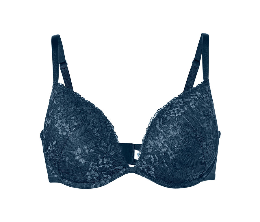 Gros plan d'un soutien-gorge push-up avec de la dentelle sur un fond blanc.