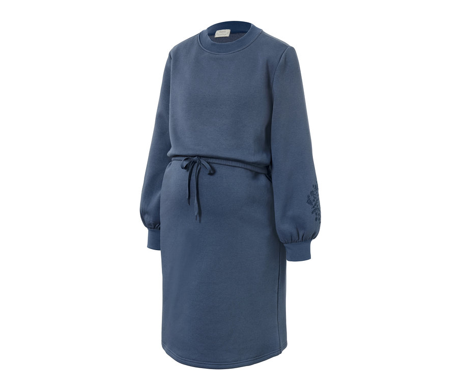 Robe molletonnée de grossesse et d'allaitement bleue à manches longues, cordon de serrage à la taille et broderie florale sur une manche.