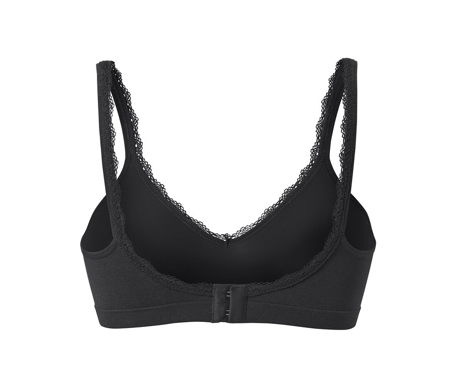 Vue détaillée de l'arrière d'un soutien-gorge doux sans coutures noir avec détails en dentelle.