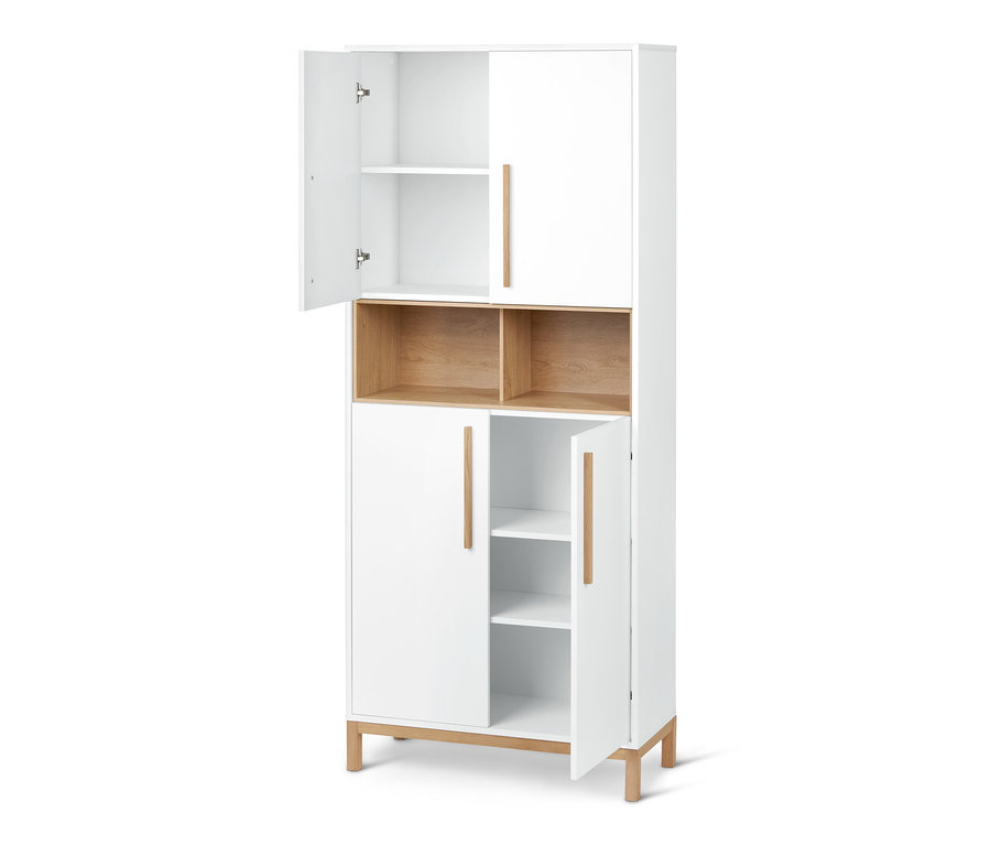 Armoire haute de salle de bain « Eklund » ouverte, blanche avec détails en bois.