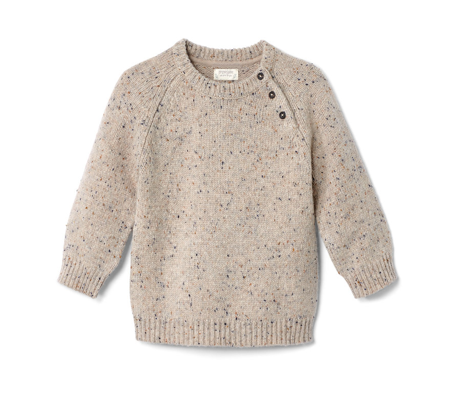 Pull en maille beige avec de la laine RWS de l'ensemble en maille, avec des boutons sur l'épaule.