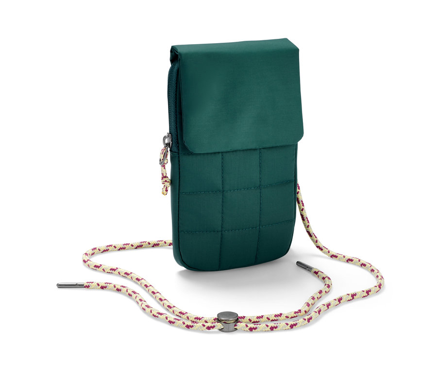 Pochette isolante pour smartphone vert foncé avec une bandoulière.