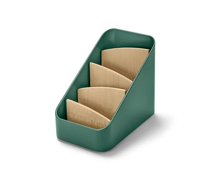 Un support pour ustensiles vert avec des compartiments en bois.